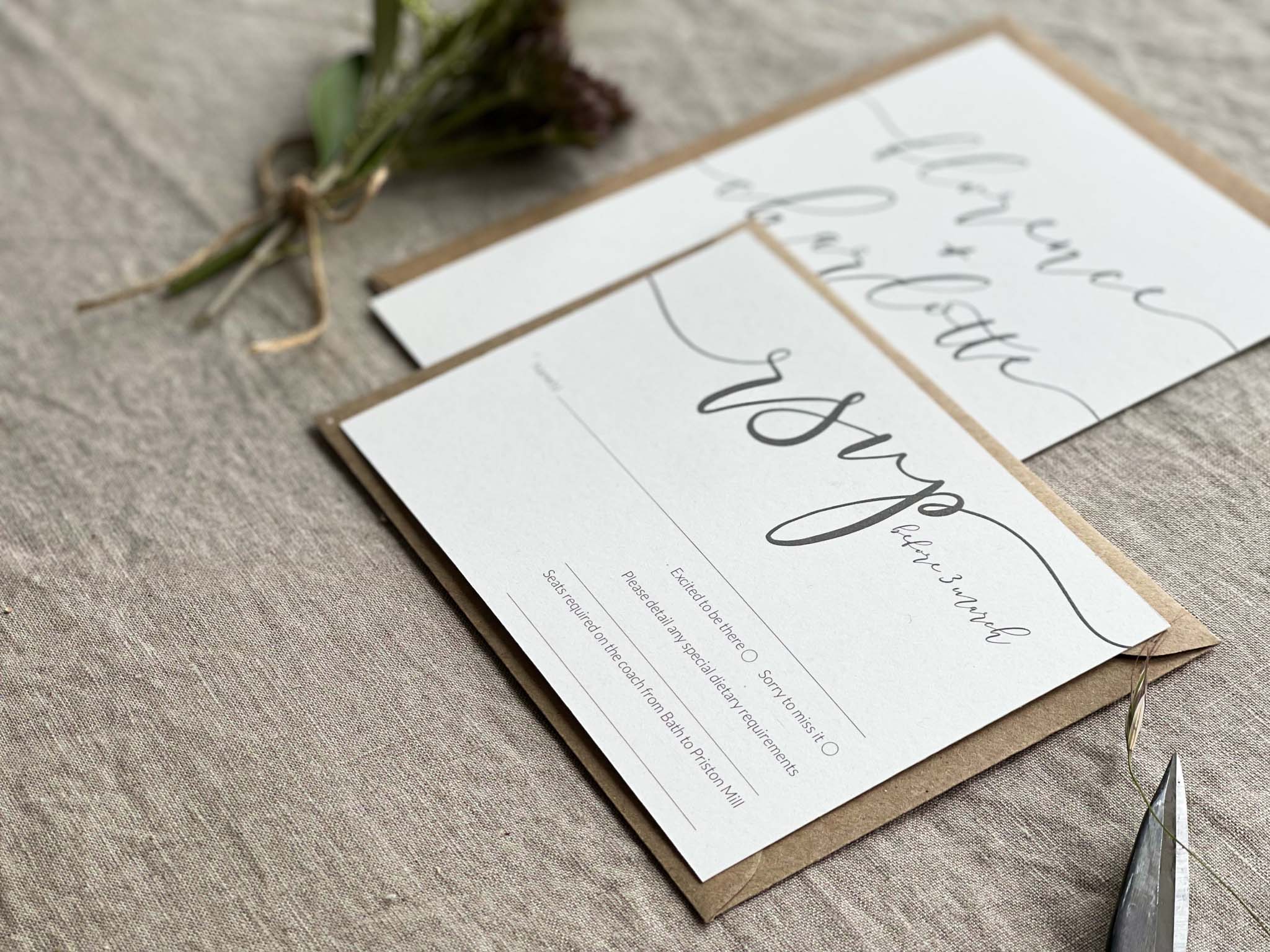 Eco wedding invitation elegant calligraphy type on recycled card and kraft envelope